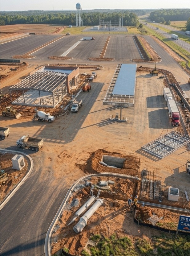 Aerial view of a travel center site under active development with steel structures, paving, and culvert work in progress